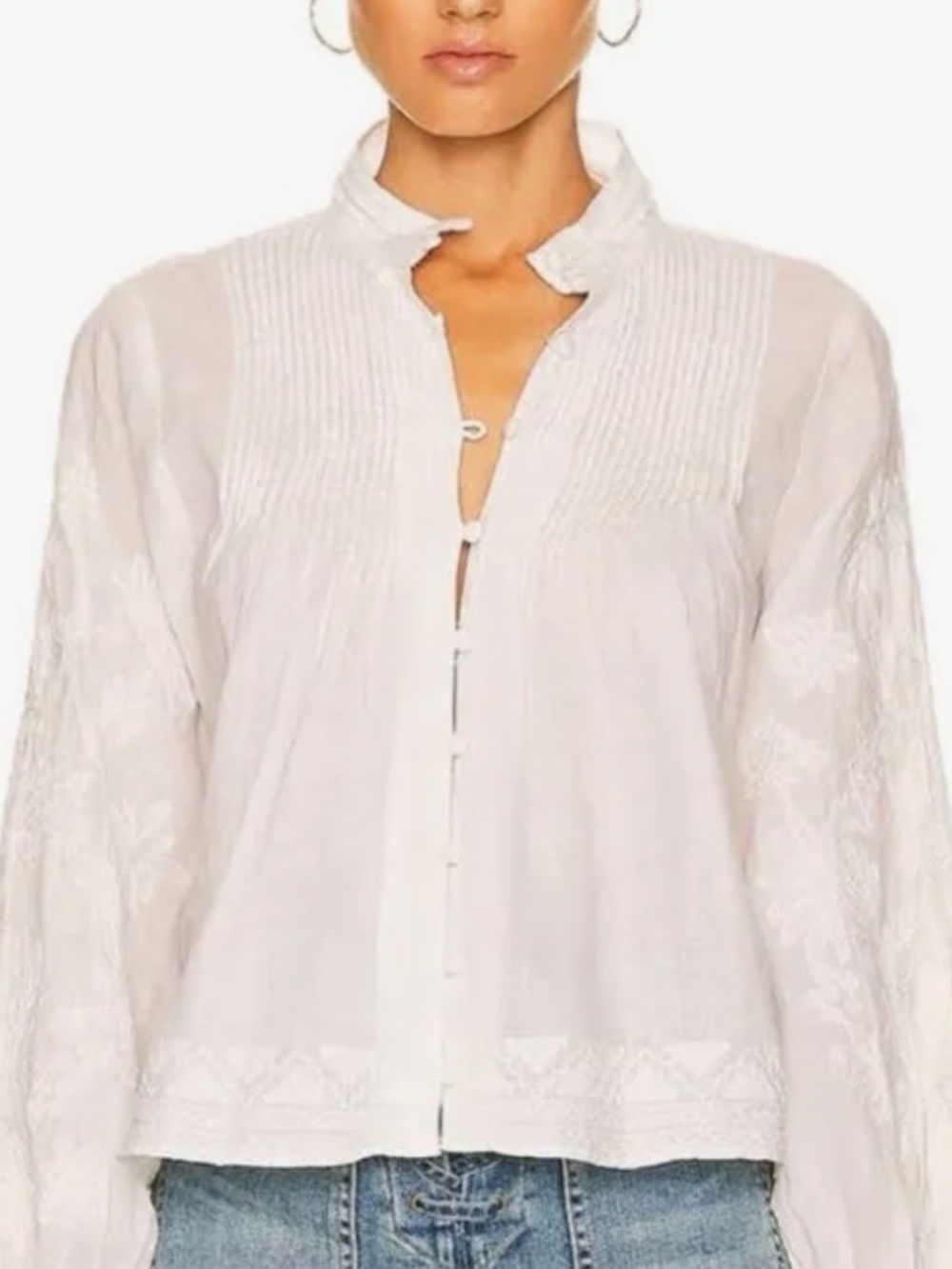 Veronica Beard Amandine White Embroidered Pintuck Button-Front Blouse